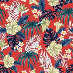 Seamless pattern with Tropical flowers and leaves such as banana, palm, monstera leaf and narcissus, hibiscus, plumeria isolated elements.