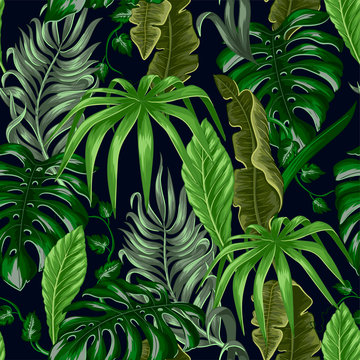 Seamless pattern with tropical banana, palm and monstera leaves for fabric design.