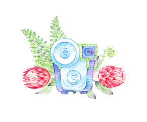 hand drawn watercolor composition of vintage camera and flowers Protea and fern. Place for text