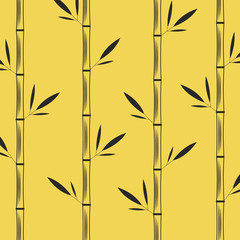 Stalks of bamboo with leaves creative oriental pattern black vector illustration on a yellow background