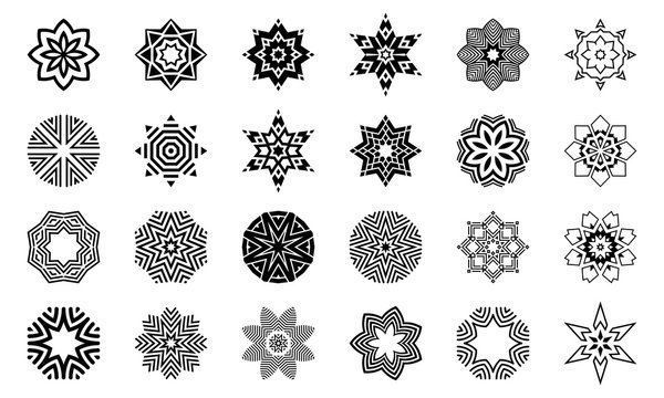 Set of abstract geometric symmetric center shapes.  Design elements, ornaments. Vector monochrome illustration.