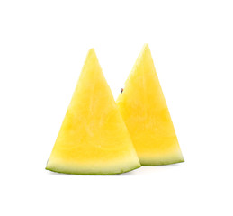 Yellow watermelon sliced on white background.