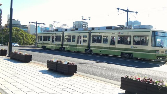 Street view of Hiroshima city center, Japan, 4k