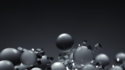 Grey geometric shapes are flying spirally 3D rendering