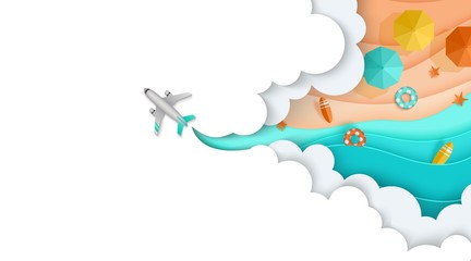 Plane flies through the clouds, see, beach, sea, sand, Layered, landing page