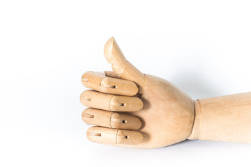 Wooden hand on a white background. With copyspace.