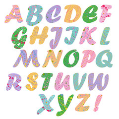 English Capital Letters Decorated in Easter Pastel Designs. English Alphabet in Doodle Style Pattern. Multicolored Font for Print, Slogan, Card, Banner etc