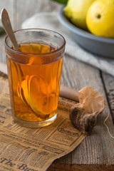 Tea in a glass cup lemon  , retro 