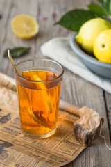 Tea in a glass cup lemon  , retro 
