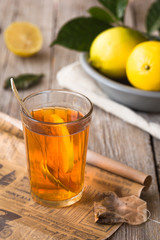 Tea in a glass cup lemon  , retro 
