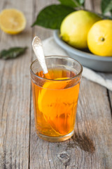 Tea in a glass cup lemon  , retro 