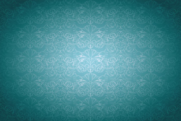 turquoise,aqua blue vintage background ,royal with classic Baroque pattern, Rococo with darkened edges background(card, invitation, banner). horizontal format, vector EPS 10