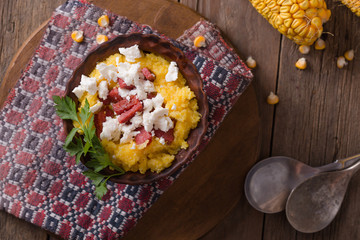 Banosh - Ukrainian Hutsul meal (maize porridge) with bacon cracklings and cheese