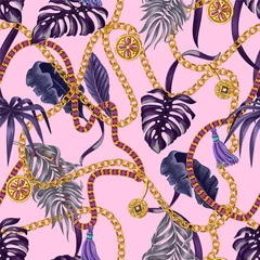 Behang Bloemen en juwelen Trendy naadloos patroon met kettingen en tropische bladeren