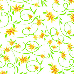 Yellow flowers with green leaves ornamental pattern.