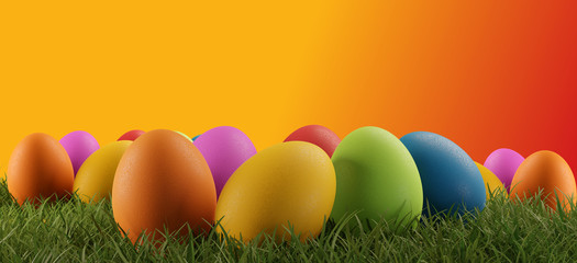 colorful Easter eggs green grass creative orange red 3d-illustration