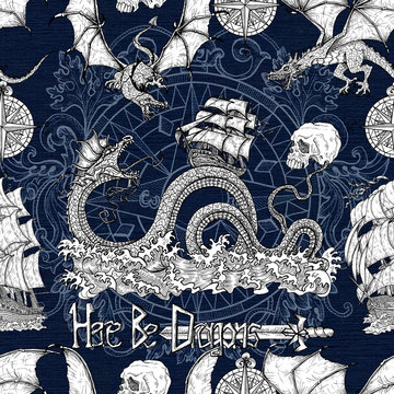 Seamless pattern with sea dragon, old sailing ship, skull and compass on blue texture. Graphic nautical illustration, historical adventure concept, vintage transportation background