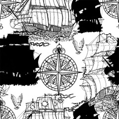 Seamless vector pattern with nautical decoration, antique sailboats, compass on white. Graphic nautical illustration, historical adventure concept, vintage transportation background