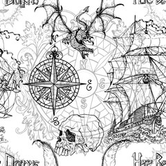 Seamless vector pattern with scary dragon, old sailing ship, nautical compass, skull on white. Graphic nautical illustration, historical adventure concept, vintage transportation background