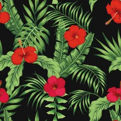  Tropical pattern leaves flowers seamless black background © berry2046