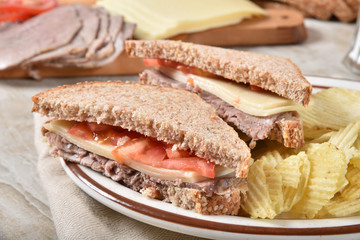 Homemade roast beef and swiss cheese sandwich