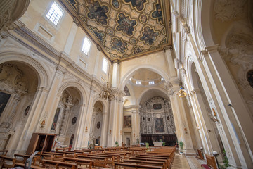 Fototapeta na wymiar LECCE, Puglia, Italy - March 18, 2019: Inside interior of the catholic church of Jesus or Madonna del Buon Consiglio (Gesuiti Chiesa Del Gesu). Apulia region