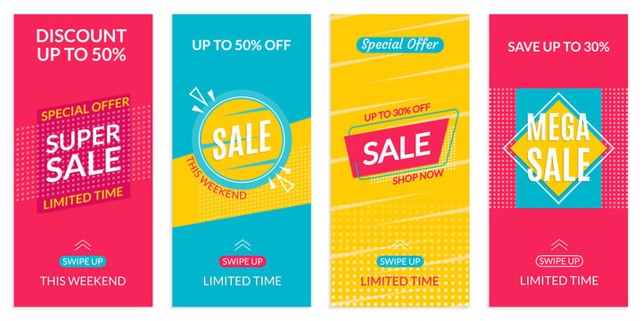 Instagram Stories Sale banner design templates. Discount Frames for Smartphone story. Social Media layout with Swipe Up button. Special offer and Price off coupon. Vector illustration.