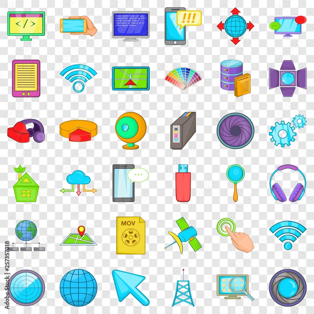 Poster web development icons set. cartoon style of 36 web development vector icons for web for any design