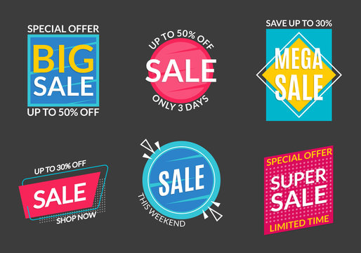 Sale label set. Discount badges or stickers. Price off banner collection. Special offer and promotion coupon design element. Super and Mega sale advertising. Vector illustration.