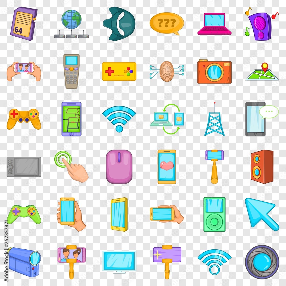 Poster web mobile icons set. cartoon style of 36 web mobile vector icons for web for any design