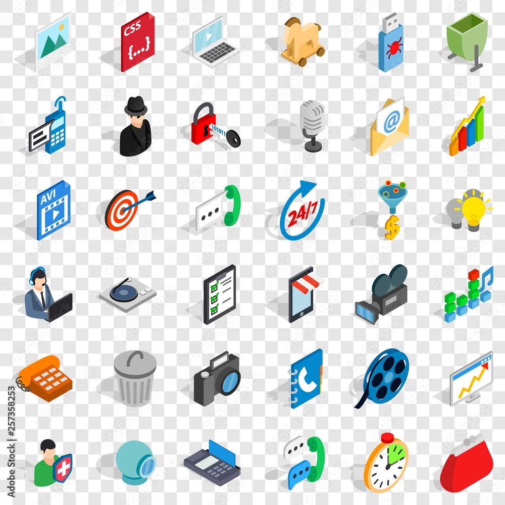 Poster web mobile icons set. isometric style of 36 web mobile vector icons for web for any design