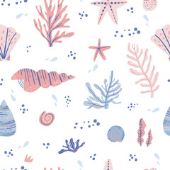 Seaweeds and shells hand drawn seamless pattern