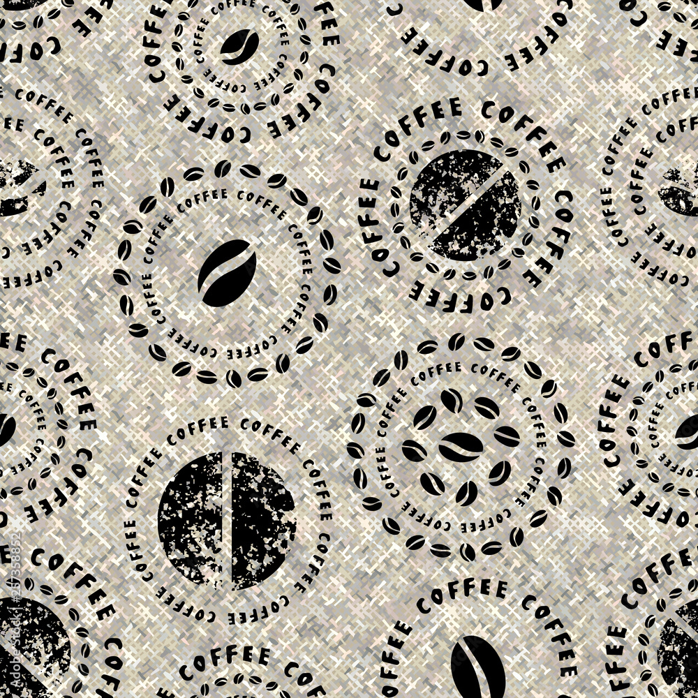 Fototapete coffee pattern on a rough canvas texture seamless pattern.