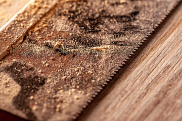 Close up of saw blade on wood floor