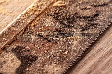 Close up of saw blade on wood floor
