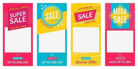 Instagram Stories Sale banner design templates. Discount Frames for Insta story. Social Media layout with Swipe Up button. Special offer and Price off coupon. Vector illustration.