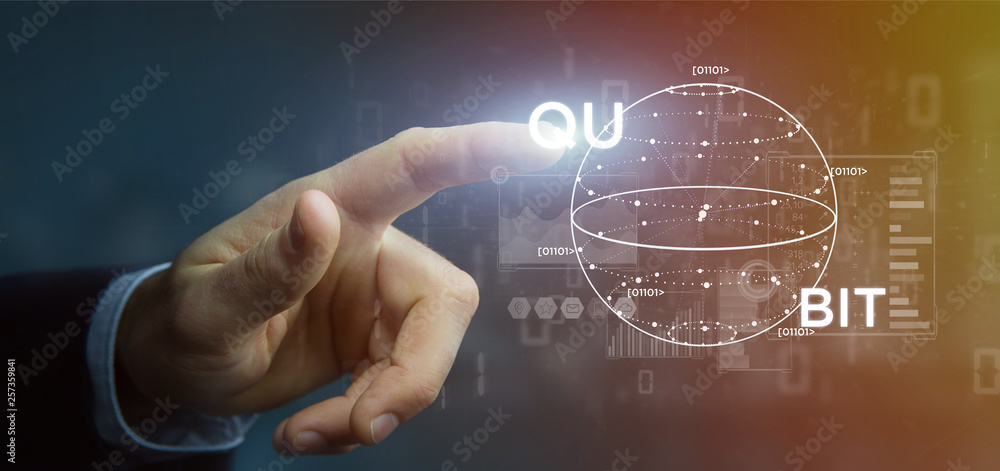 Poster businessman holding quantum computing concept with qubit icon 3d rendering