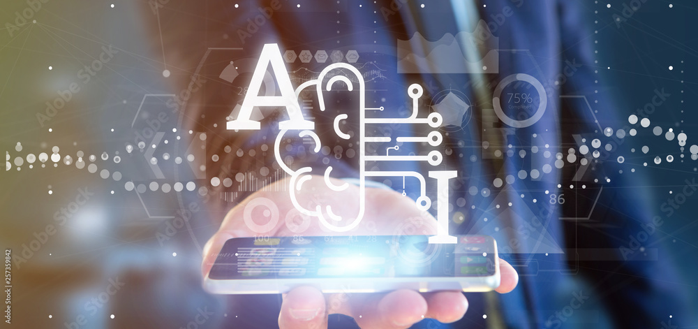 Poster business man holding artificial intelligence icon with half brain and half circuit 3d rendering
