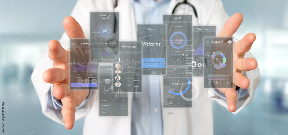 Poster doctor holding user interface screens with icon, stats and data 3d rendering