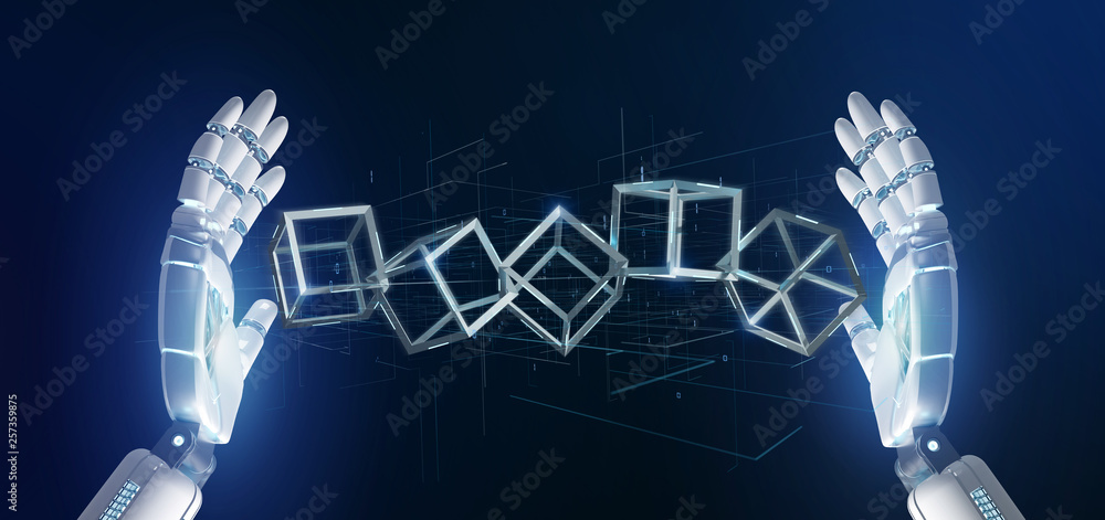Poster cyborg hand holding a blockchain cube 3d rendering