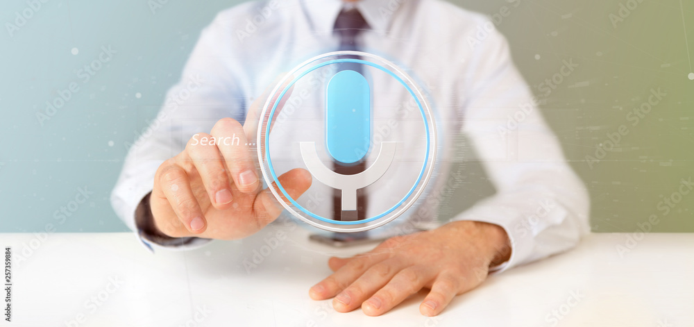 Poster businessman holding a vocal search system with button and icon3d rendering