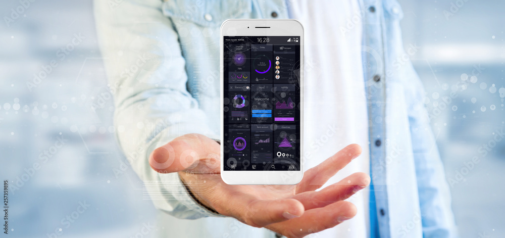 Poster businessman holding smartphone with user interface data on the screen isolated on a background