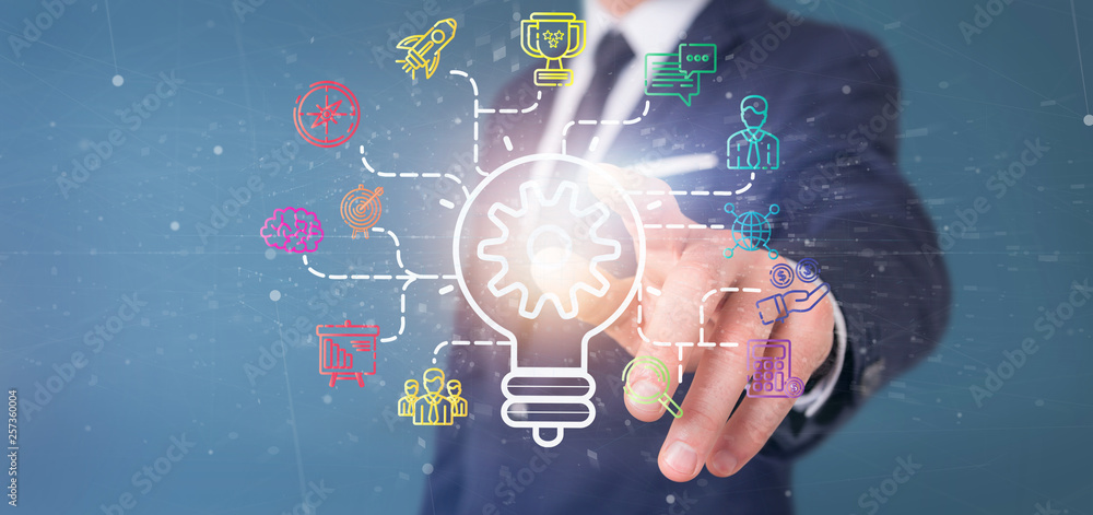 Poster businessman holding a bulb lamp idea concept with start up icon connected 3d rendering