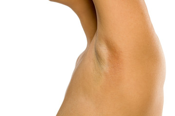Woman shaves her shaved underarm on white background