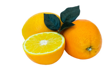 Orange fruit with leaf isolated on white.