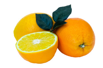 Orange fruit with leaf isolated on white.