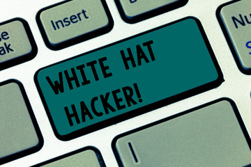 Text sign showing White Hat Hacker. Business photo text Computer security expert specialist in penetration testing Keyboard key Intention to create computer message pressing keypad idea