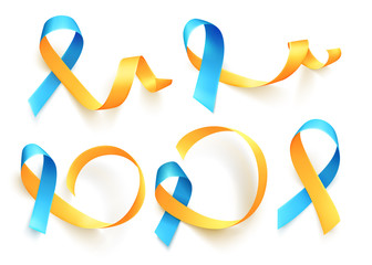 World Down Syndrome day. March 21. Set of realistic blue yellow ribbons symbol. Template for poster. Vector.
