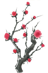 A branch of a blossoming sakura. Pink and red stylized flowers of plum mei and  wild cherry . Watercolor and ink illustration of tree in style sumi-e, go-hua,  u-sin. Oriental traditional painting. .