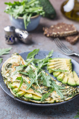 Omelette with avocado and arugula on gray ceramic plate on stone background, top view. Healthy breakfast.